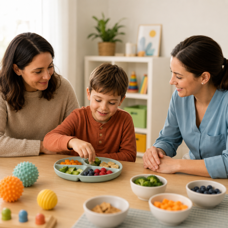 Niño explorando alimentos con apoyo de una cuidadora y una terapeuta ocupacional en un entorno tranquilo.